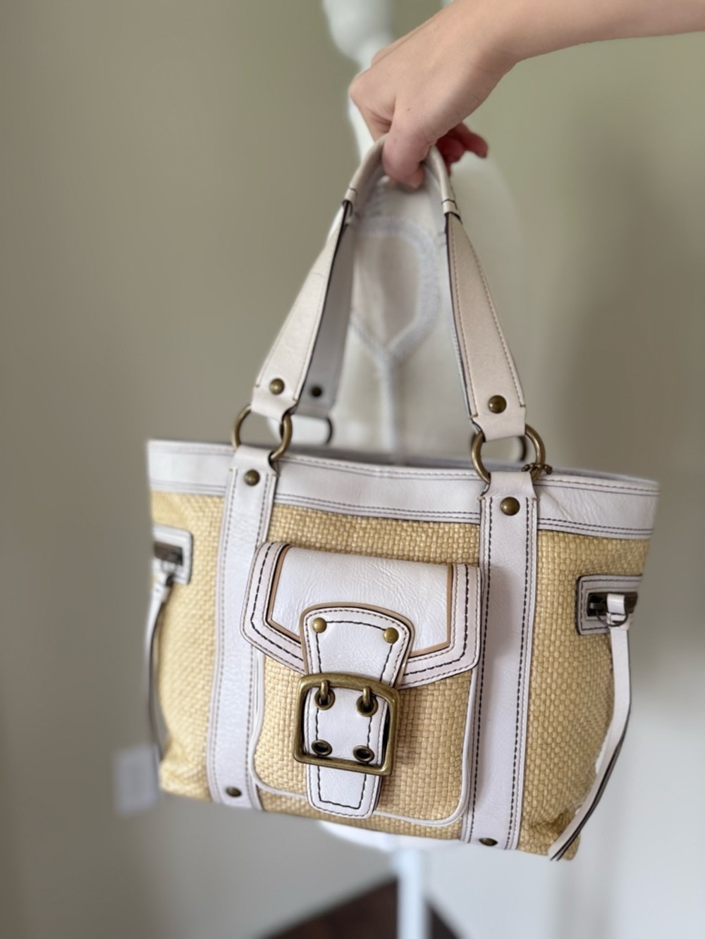 Vintage Coach Legacy Straw & Leather Tote White Brass Accents Y2K Coach 113 - Picture 2 of 10